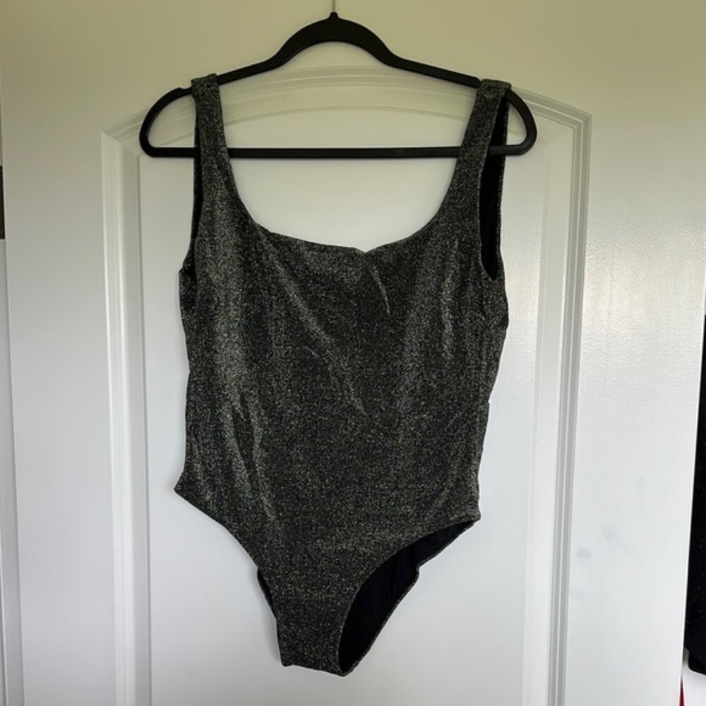 Black Shimmer One Piece Swimsuit with Scoop Neckline